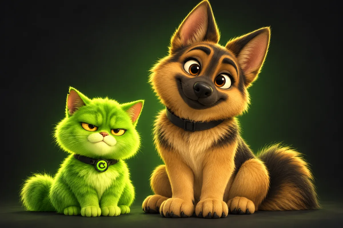 Cartoon Wolfie, a German Shepherd, alongside Techno the cat