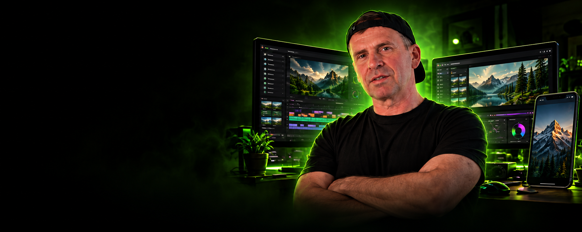 Portrait of Ady, founder of AskAdy Creative Studios, lit in atmospheric green