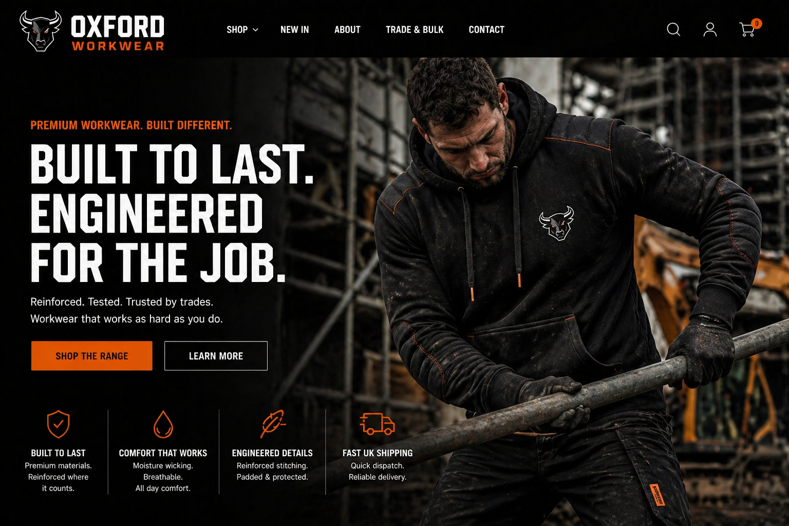 Oxford Workwear brand development hero: proposed black work hoodie, bull identity and industrial website direction